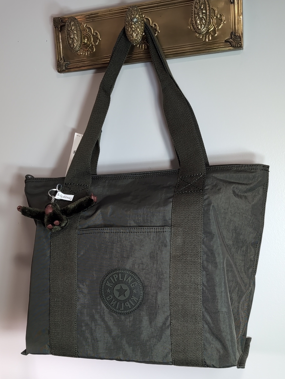 NWT, Kipling Era Olive Green Nylon Tote Bag with Monkey Keychain.